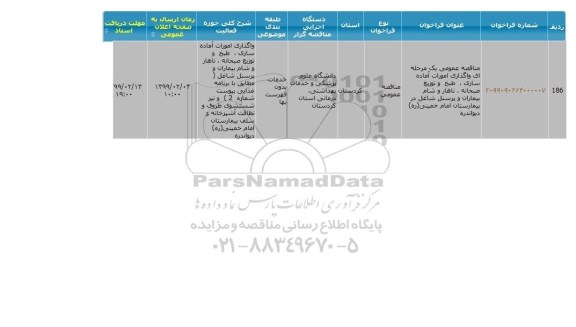 مناقصه, مناقصه واگذاری امورات آماده سازی، طبخ و توزیع صبحانه، ناهار و شام بیماران و ...