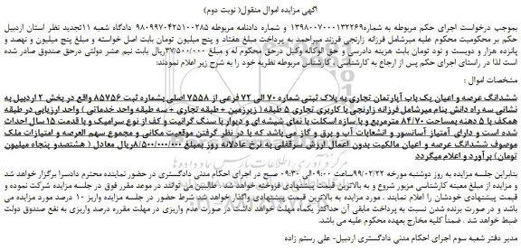 مزایده، مزایده فروش ششدانگ عرصه و اعیان یک باب آپارتمان تجاری ( نوبت دوم)