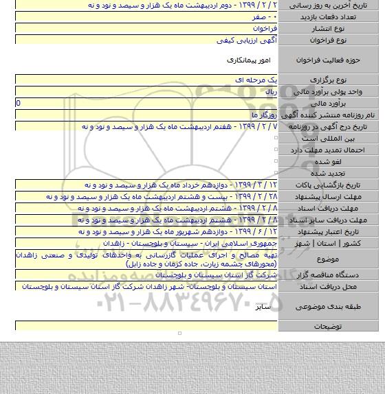 تهیه مصالح و اجرای عملیات گازرسانی به واحدهای تولیدی و صنعتی زاهدان (محورهای چشمه زیارت، جاده کرمان و جاده زابل)