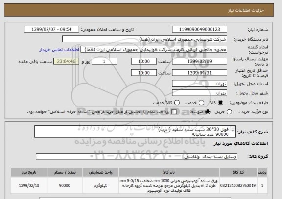 استعلام فویل 30*30 شیت شده سفید ( درب) 
90000 عدد سالیانه 
7500 عدد هر ماه 