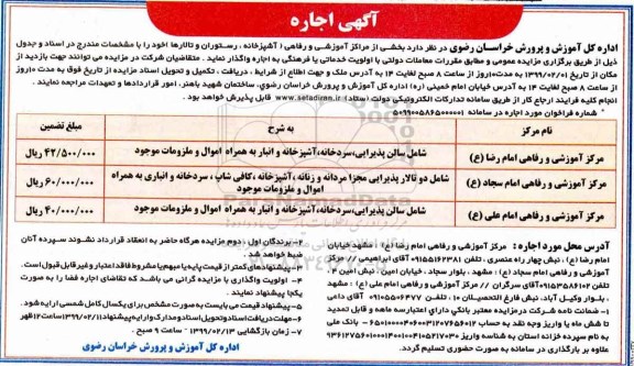 مزایده، مزایده اجاره بخشی از مراکز آموزشی و رفاهی
