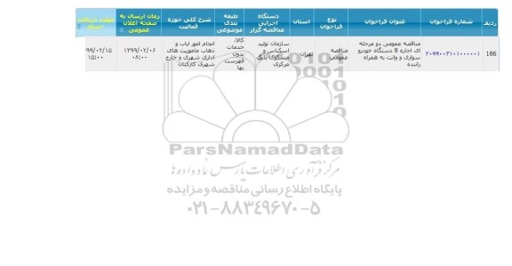 مناقصه، مناقصه اجاره 8 دستگاه خودرو سواری و وانت به همراه راننده 