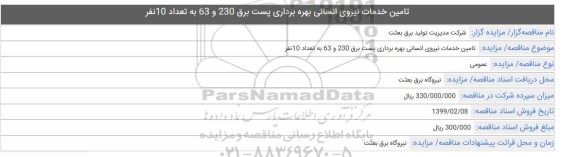 مناقصه تامین خدمات نیروی انسانی بهره برداری پست برق 230 و 63 به تعداد 10 نفر 