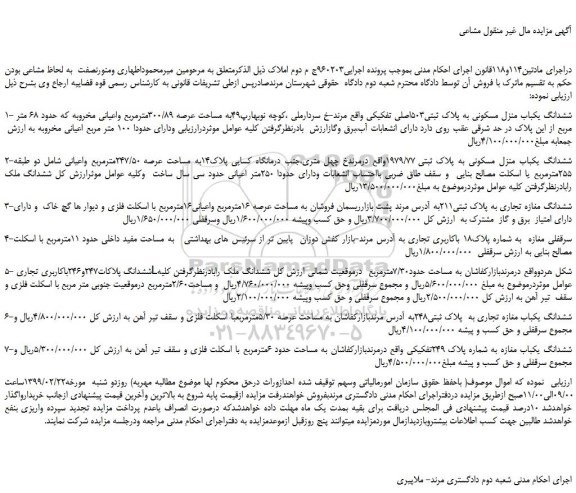 مزایده، مزایده فروش ششدانگ یکباب منزل مسکونی به پلاک ثبتی503اصلی تفکیکی و...