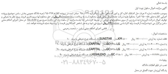 مزایده، مزایده فروش یک دستگاه چرخ خیاطی و...