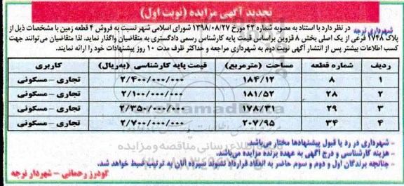 مزایده مزایده فروش 4 قطعه زمین تجدید نوبت اول 