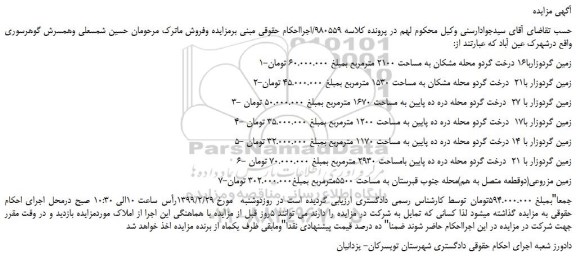مزایده، مزایده فروش زمین گردوزاربا16 درخت گردو محله مشکان به مساحت 2100 مترمربع و...
