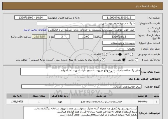 استعلام حفر  یک حلقه چاه آب شرب واقع در روستای چوت آباد شهرستان قصرقند