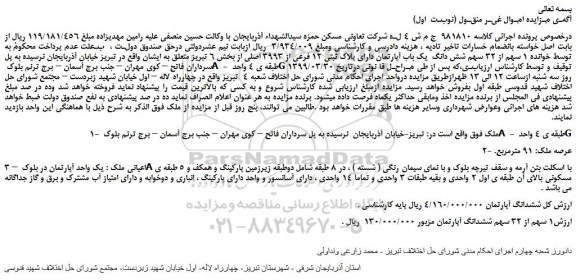 مزایده، مزایده فروش 1 سهم از 32 سهم شش دانگ  یک باب آپارتمان دارای پلاک ثبتی 12 فرعی از 3993 اصلی 