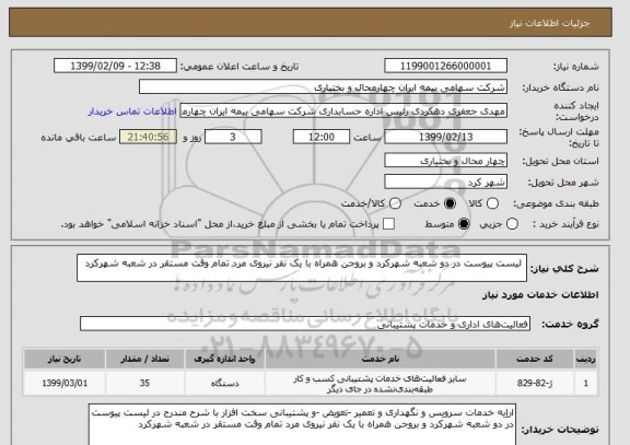 استعلام  لیست پیوست در دو شعبه شهرکرد و بروجن همراه با یک نفر نیروی مرد تمام وقت مستقر در شعبه شهرکرد   
