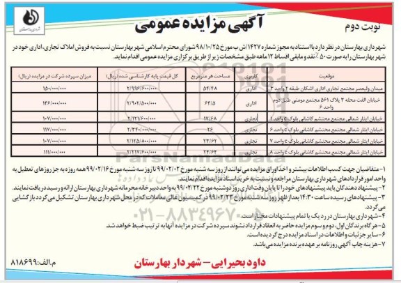 مزایده مزایده فروش املاک تجاری ، اداری نوبت دوم