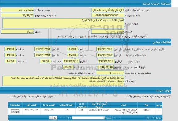 مزایده، مزایده فروش 130 عدد بشکه خالی 220 لیتری 
