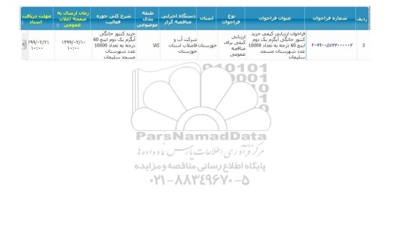 فراخوان خرید کنتور خانگی آبگرم