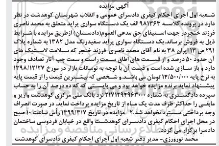 مزایده فروش یکدستگاه سواری پراید مدل 1382