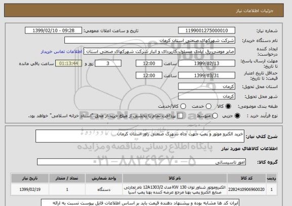 استعلام خرید الکترو موتور و پمپ جهت چاه شهرک صنعتی راور استان کرمان