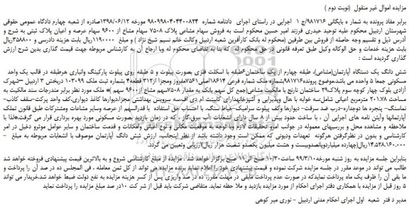 مزایده، مزایده فروش سهام مشاعی پلاک 7508 سهام مشاع از 9600 سهام عرصه و اعیان پلاک ثبتی (نوبت دوم )