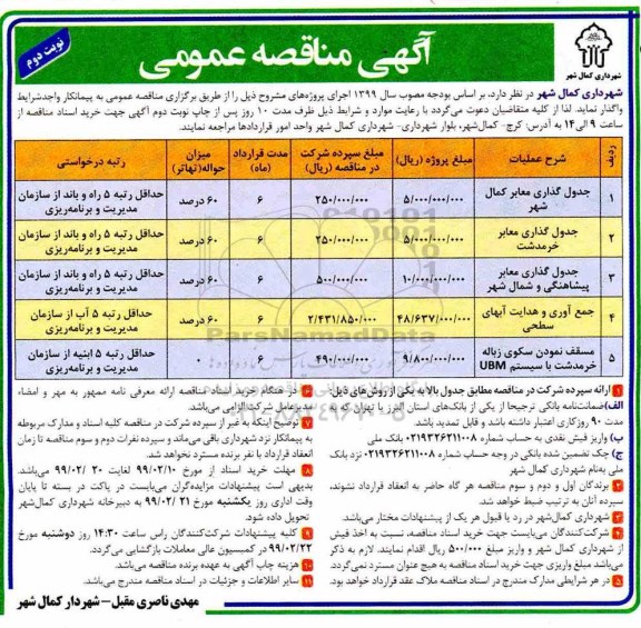مناقصه ، مناقصه جدول گذاری معابر و ... نوبت دوم 