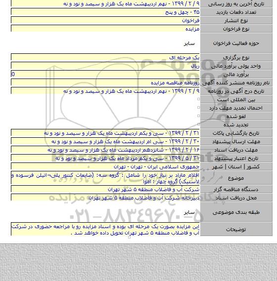 اقلام مازاد بر نیاز خود را شامل : گروه سه: (ضایعات کنتور پلی¬اتیلن فرسوده و لاستیک) گروه چهار : اموا