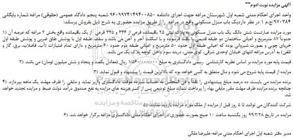 مزایده، مزایده فروش شش دانگ یک باب منزل مسکونی به پلاک ثبتی 25 باقیمانده فرعی از 336 و 335 فرعی  از یک باقیمانده-نوبت دوم