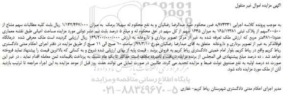 مزایده، مزایده فروش سهم مشاع از 200500سهم از پلاک ثبتی 165/12381 به میزان 1645 سهم از کل سهم