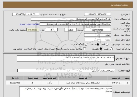 استعلام استعلام بهاء خدمات مشاوره ای شهرک صنعتی انگوران