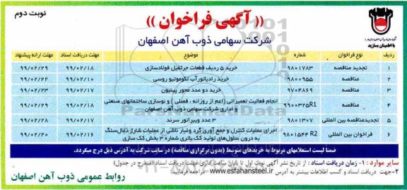 مناقصه , مناقصه خرید 5 ردیف قطعات جرثقیل فولادسازی...- نوبت دوم 