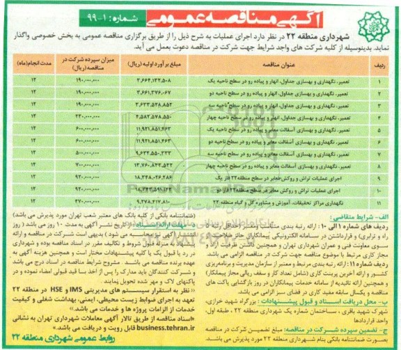 مناقصه, مناقصه تعمیر،نگهداری و بهسازی جداول، انهار و پیاده رو و ...