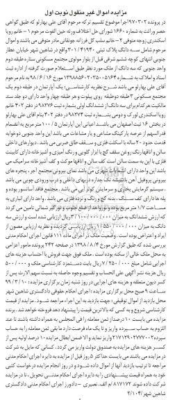 آگهی مزایده, مزایده سه دانگ از ششدانگ آپارتمان نوبت اول 