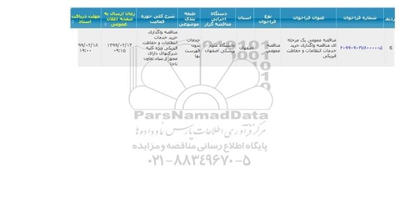  مناقصه عمومی یک مرحله ای واگذاری خرید خدمات انتظامات
