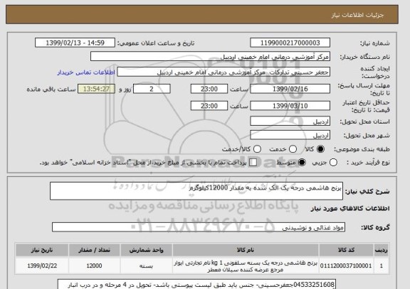 استعلام برنج هاشمی درجه یک الک شده به مقدار 12000کیلوگرم