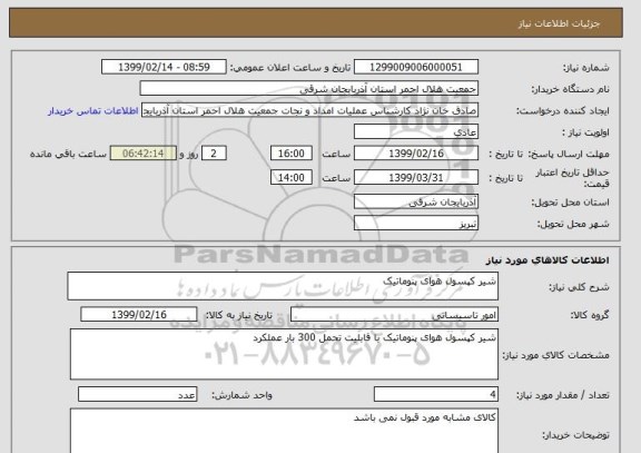 استعلام شیر کپسول هوای پنوماتیک