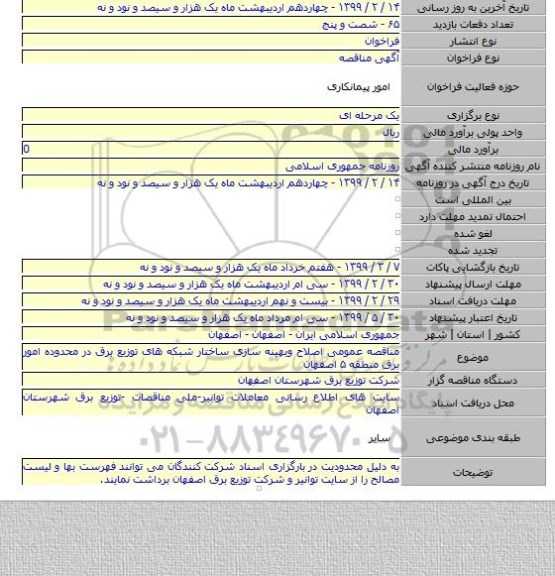 مناقصه عمومی اصلاح وبهینه سازی ساختار شبکه های توزیع برق در محدوده امور برق منطقه ۵ اصفهان