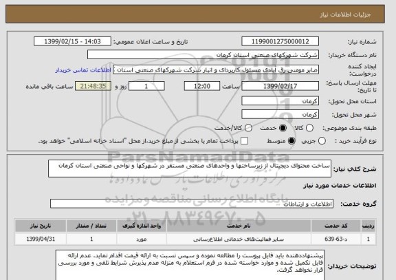 استعلام ساخت محتوای دیجیتال از زیرساختها و واحدهای صنعتی مستقر در شهرکها و نواحی صنعتی استان کرمان 