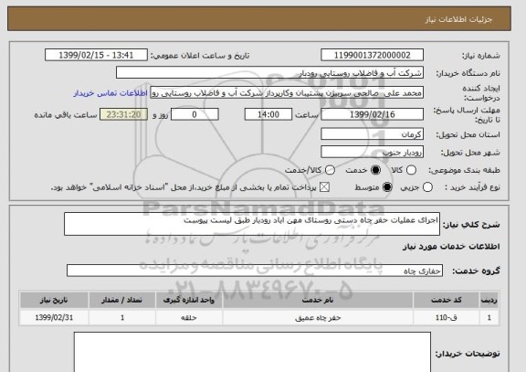 استعلام اجرای عملیات حفر چاه دستی روستای مهن اباد رودبار طبق لیست پیوست