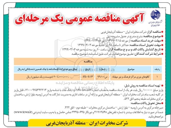 آگهی مناقصه عمومی , مناقصه کافوهای نوری 