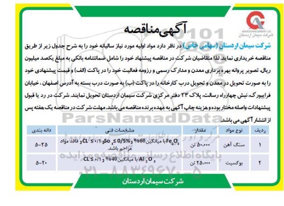 مناقصه, مناقصه خرید مواد اولیه ... 