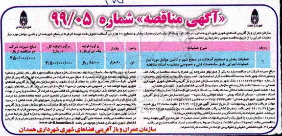 مناقصه, مناقصه پیمانکار برای اجرای عملیات پخش و تسطیح 60 هزار تن آسفالت