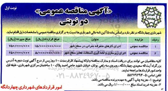 آگهی مناقصه عمومی ، مناقصه اجرای کارهای متفرقه عمرانی در سطح شهر 	...