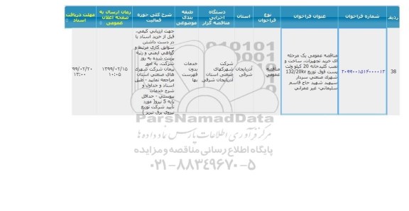 مناقصه خرید تجهیزات ساخت و نصب کلید خانه 20 کیلو ولت