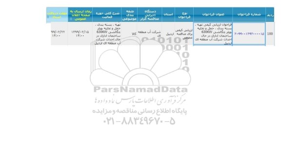 فراخوان ارزیابی کیفی، فراخوان ارزیابی کیفی تهیه، بسته بندی، حمل و تخلیه بویلر چگالشی