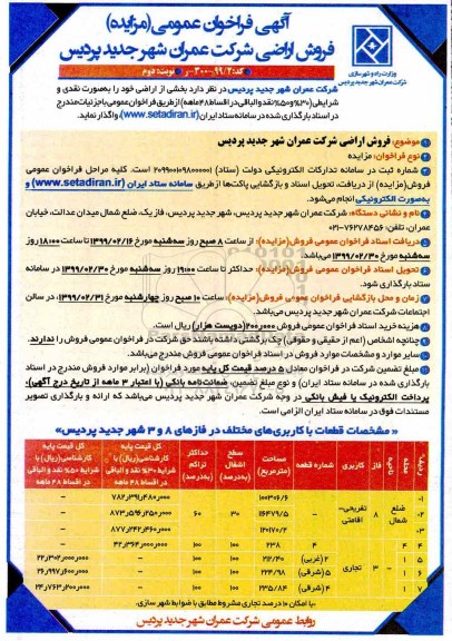 آگهی مزایده مزایده فروش اراضی به صورت نقدی نوبت دوم 