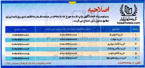 اصلاحیه فراخوان مناقصه خرید دریچه های هوای سیستم تهویه مطبوع 