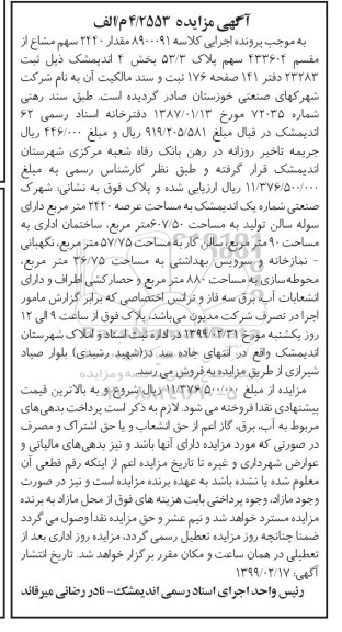 آگهی مزایده مزایده مقدار 2440 سهم مشاع از مقسم 433604 