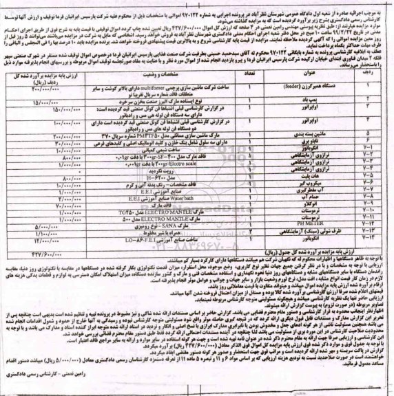 مزایده, مزایده دستگاه همبرگرزن ، پمپ باد، اواپراتور، ماشین بسته بندی ...