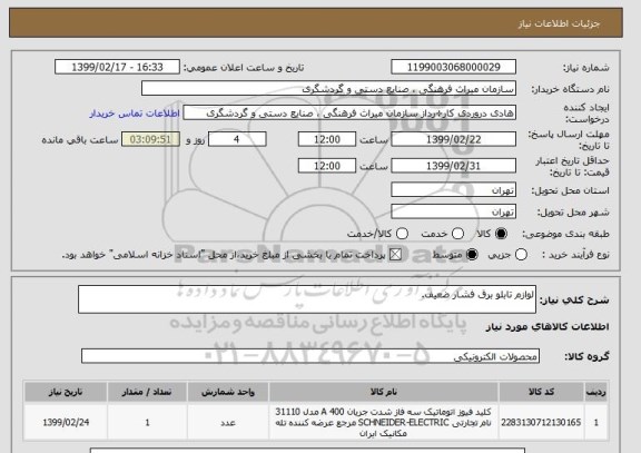 استعلام لوازم تابلو برق فشار ضعیف. 