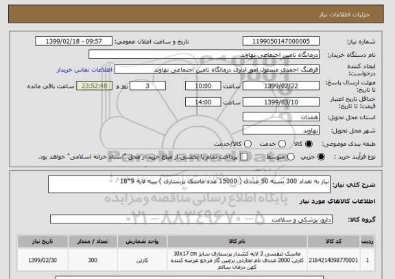 استعلام نیاز به تعداد 300 بسته 50 عددی ( 15000 عدد ماسک پرستاری ) سه لایه 9*18 