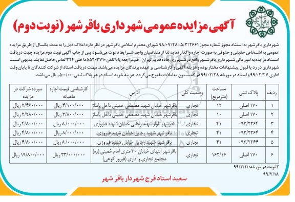 مزایده، مزایده اجاره املاک  - نوبت دوم