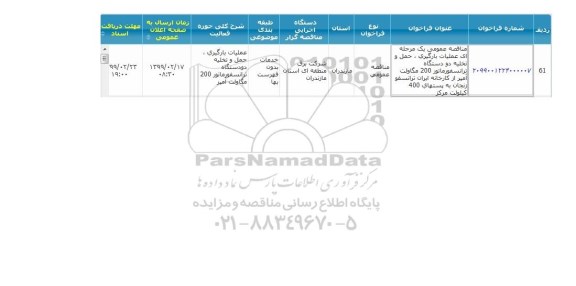 مناقصه عملیات بارگیری، حمل و تخلیه دو دستگاه ترانسفورماتور  