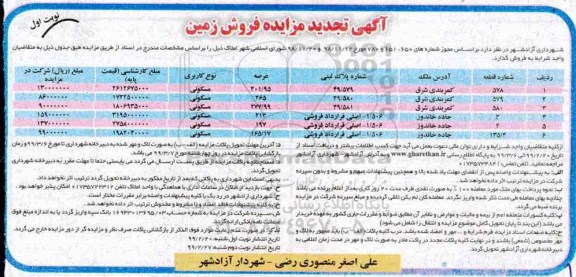 آگهی مزایده مزایده تجدید فروش املاک نوبت اول