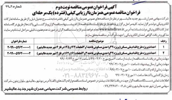 فراخوان عمومی , فراخوان مناقصه احداث پروژه طرح اقدام ملی مسکن- نوبت دوم 